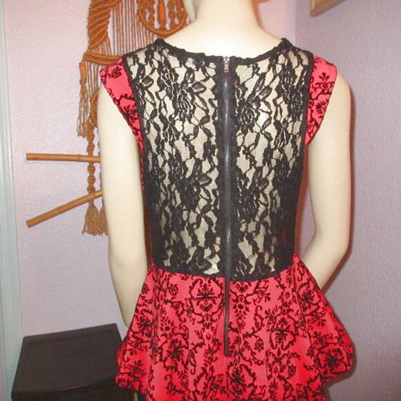 Vtg Y2K Flocked Velvet Peplum Pencil Mini Dress Size S Sheer Lace Bodycon Baddie - Picture 8 of 12